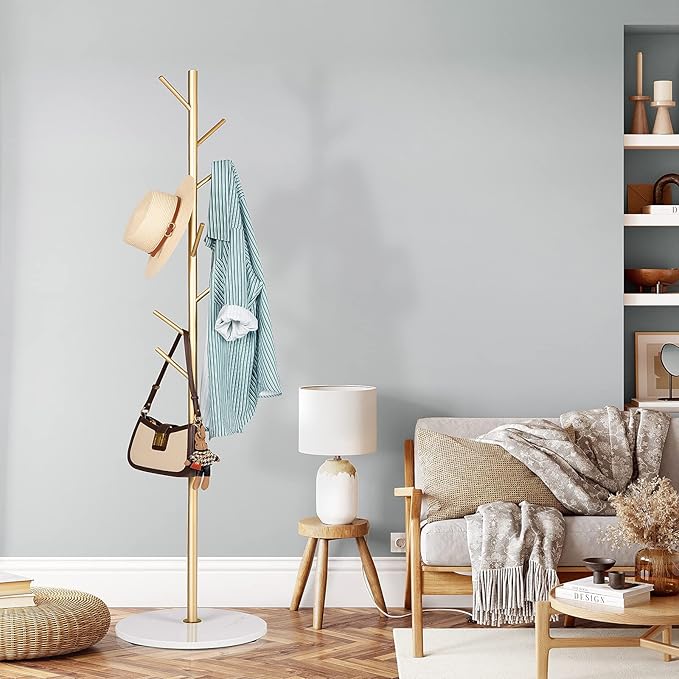 ZOZOE Metal Coat Rack Freestanding, Golden Coat Racks with Heavy Duty Natural Marble Base, Modern Stable Coat Tree Stand with 8 Hooks, Coat Tree Hanger Stand for Bags, Hats, Entryway, Office