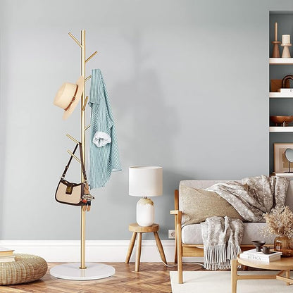ZOZOE Metal Coat Rack Freestanding, Golden Coat Racks with Heavy Duty Natural Marble Base, Modern Stable Coat Tree Stand with 8 Hooks, Coat Tree Hanger Stand for Bags, Hats, Entryway, Office