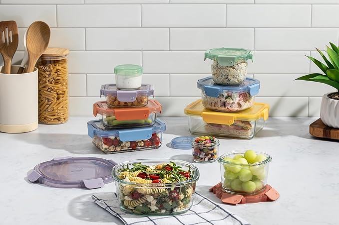 Ello Color Lock Glass Meal Prep Sets Leak-Proof Glass Food Storage Containers with Airtight BPA-Free Plastic Lids, Dishwasher, Microwave, and Freezer Safe
