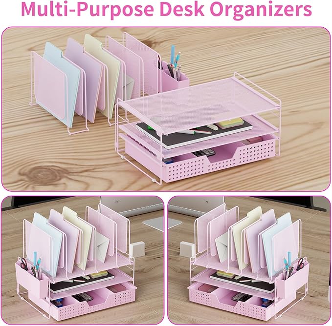Pink Desk Organizer, Office Organization with Vertical File Holder, File Organizer with Drawer and Pen Holder, Desk Accessories and Workspace Organizers for Home Office (Pink)
