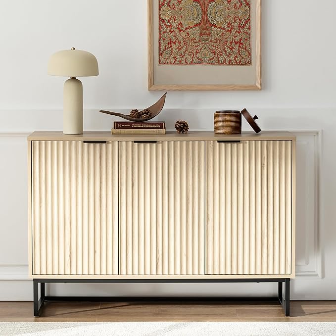 Fluted Storage Cabinet with 3 Doors, Sideboard Buffet Cabinets Adjustable Shelves, Credenza Console Table Cabinets for Living Room, Light Oak