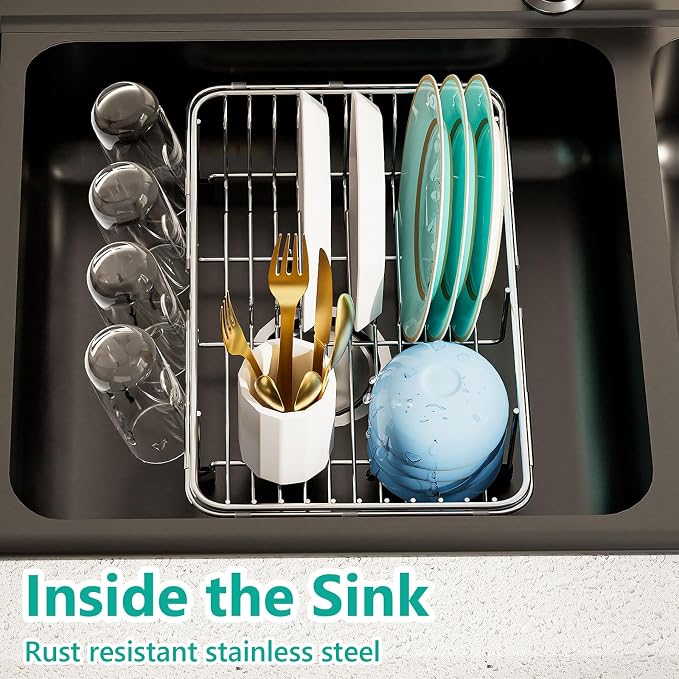 AIDERLY Dish Drying Rack in Sink Expandable Stainless Steel Kitchen Dish Drainer with 4 Cup Holders, Silver