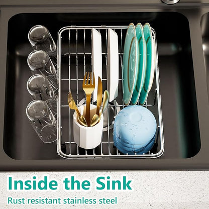 AIDERLY Dish Drying Rack in Sink Expandable Stainless Steel Kitchen Dish Drainer with 4 Cup Holders, Silver