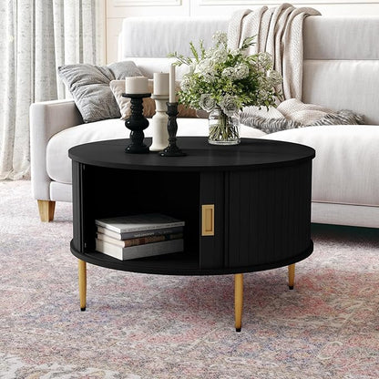 ARTPOWER 31.7" Round Coffee Table with Tambour Door, Mid Century Center Table for Living Room, Small Wood Fluted Circle Coffee Table with Storage, Black