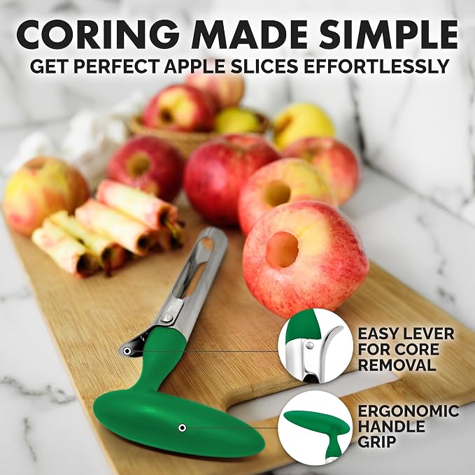 Zulay Kitchen Ultra Sharp Apple Corer Tool - Stainless Steel, Sharp & Serrated Blade Cores in Seconds - Easy to Use & Clean, Durable Apple Core Remover for Apples & Small Fruits - Green