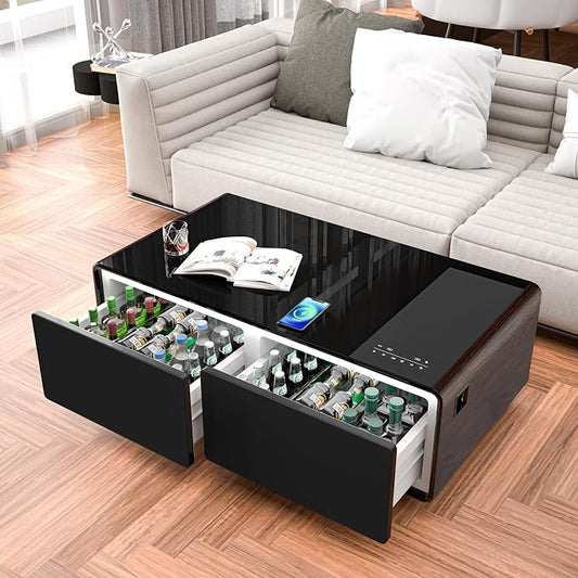 Smart Coffee Table with Fridge and Bluetooth, Smart Refrigerator Table with Dual Speakers, 15W Wireless Charger, Control Panel, Outlet Protection, USB Port, Atmosphere Light, LT135 Pro-Brown
