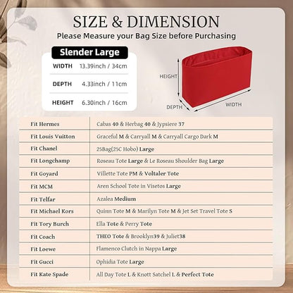 Purse Organizer Insert, Satin Tote Bag Organizer with 8 Sizes, Handbag Dividers for Inside Purse, Compatible with Longchamp, Neverful, 25C Hobo and More Bags（Slender Large,Ruby）