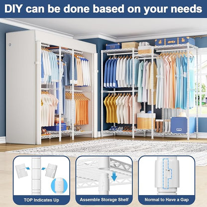 Ulif E12C Heavy Duty Closet Organizer System，Freestanding Clothing Rack, Adjustable Garment Rack 57.1" W x 16" D x 76.5" H Holds 860 lbs, White Clothing Rack with White Dustproof Cover