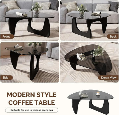 Modern Glass Coffee Table, Triangle Center Table with Tempered Glass Top& Unique Wooden Base, 42.5” Mid Century Tea Tables for Living Room, Apartment, Office,Black & Grey