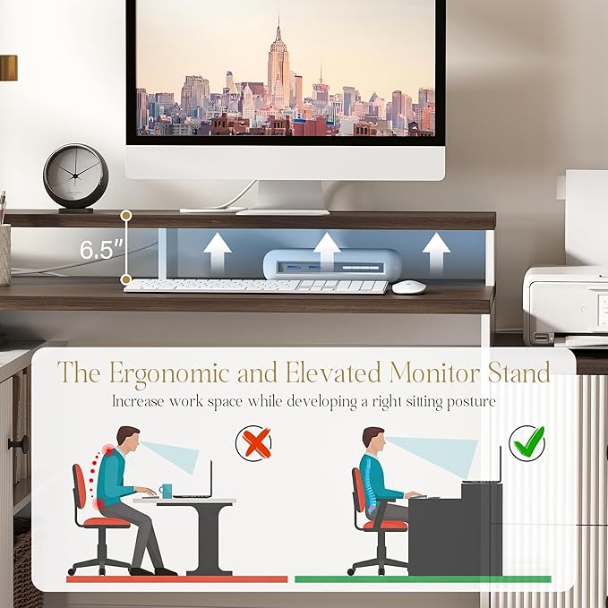 67" L Shaped Executive Desk with Drawers & Storage Shelf, Corner Computer Desk with Power Outlets, Home Office Desk with Monitor Stand, Printer Shelf, Computer Writing Desk for Work, Antique White