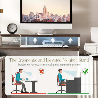 67" L Shaped Executive Desk with Drawers & Storage Shelf, Corner Computer Desk with Power Outlets, Home Office Desk with Monitor Stand, Printer Shelf, Computer Writing Desk for Work, Antique White