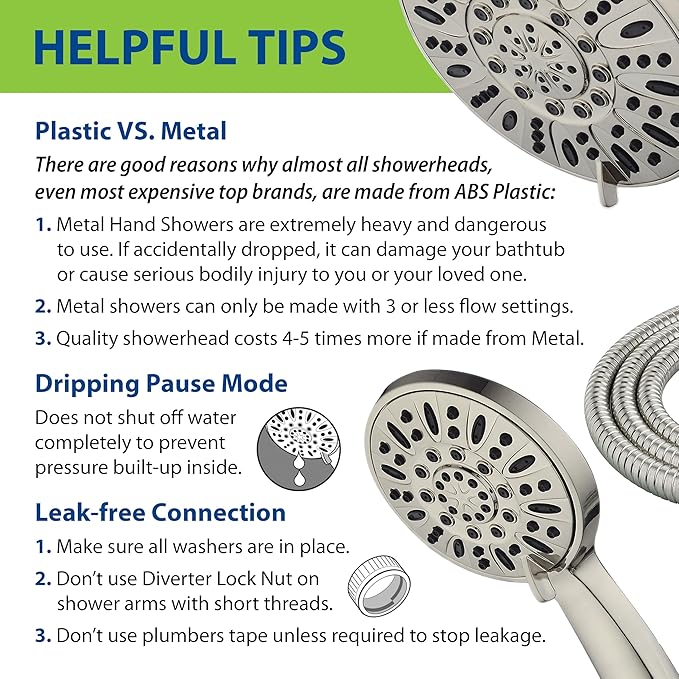 AquaDance 7" Premium High Pressure 3-Way Rainfall Combo with Stainless Steel Hose – Enjoy Luxurious 6-setting Rain Shower Head and Hand Held Shower Separately or Together – Brushed Nickel Finish