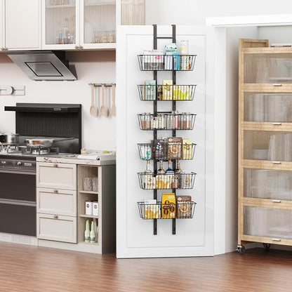 6-Tier Over The Door Pantry Organizer, Metal Hanging Storage Shelf Spice Rack with Adjustable 6 Baskets, Space-Saving Behind Door Organizer for Kitchen, Bathroom, Laundry Room, Black