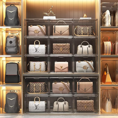 Purse Storage Organizer for Closet 3 Packs Clear Handbag Storage Organizer Acrylic Display Case for Collectibles Stackable Bag Organizer with Magnetic Door for Backpack, Figure, XXX-Large