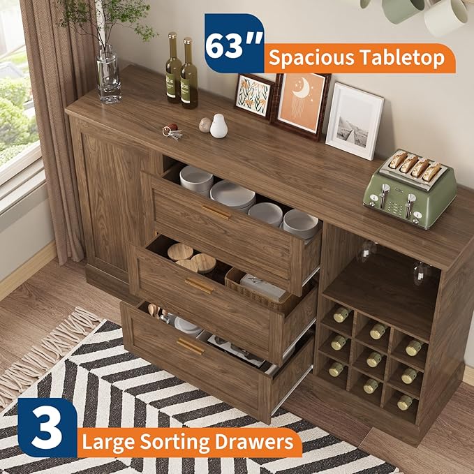GarveeHome 63 Inch Farmhouse Sideboard Buffet with Drawer Adjustable Shelves,Kitchen Island with Door-Back Rack for Snacks,Coffee Bar Buffet with Wine Racks Storage for Kitchen Entryway Rustic Walnut