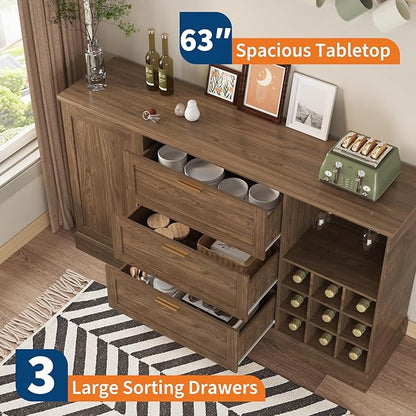 GarveeHome 63 Inch Farmhouse Sideboard Buffet with Drawer Adjustable Shelves,Kitchen Island with Door-Back Rack for Snacks,Coffee Bar Buffet with Wine Racks Storage for Kitchen Entryway Rustic Walnut