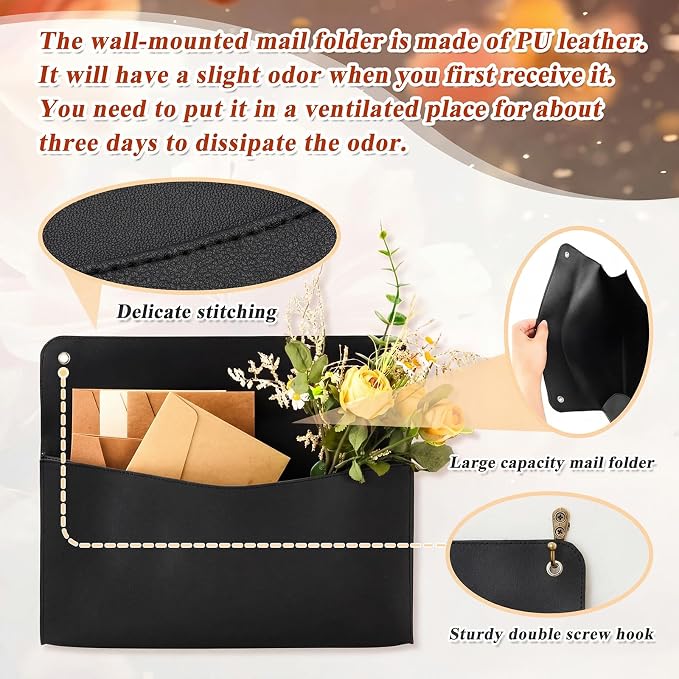 Marspark 2 Set PU Leather Mail Holder Wall Mount 12.2x10.24 Inch Leather Letter Holder 2 Ring Binder Hanging Wall File Organizer Mail Sorter for Decor Storage Letter Postcard Flower Home Office(Black)