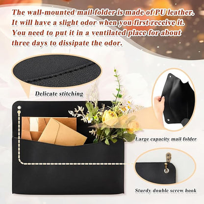 Marspark 2 Set PU Leather Mail Holder Wall Mount 12.2x10.24 Inch Leather Letter Holder 2 Ring Binder Hanging Wall File Organizer Mail Sorter for Decor Storage Letter Postcard Flower Home Office(Black)