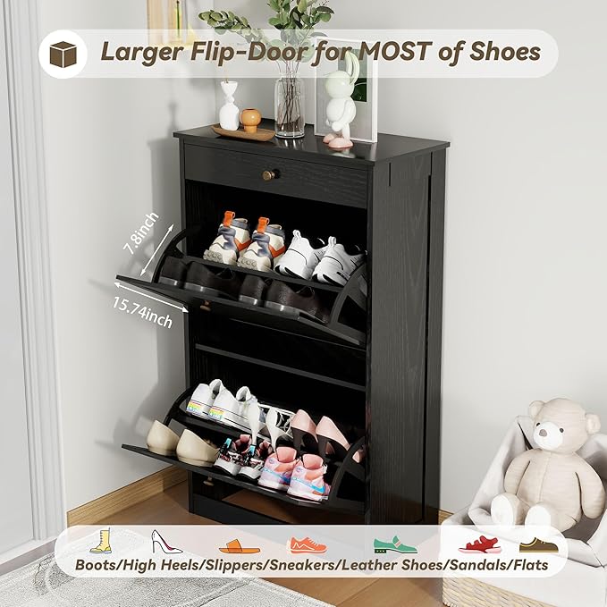 FTZxHKLX Shoe Cabinet with 2 Flip Drawers, Slim Freestanding Hidden Shoe Organizer with Drawer, Pet-Proof Shoe Storage Cabinet for Entryway Living Room Behind The Door, Black
