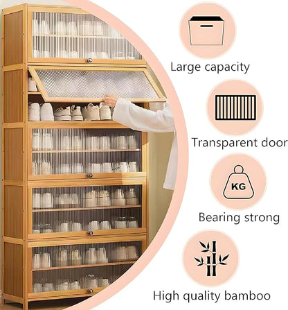 Tall Shoe Cabinet, 10 Tier Bamboo Shoe Rack with Doors, 40-45 Pairs Large Capacity Shoe Storage Cabinet Organizer, Narrow Shoe Shelf for Entryway, Hallway, Living Room