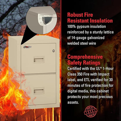 FireKing Turtle Vertical 2 Drawer Legal and Letter Fire Safe File Cabinet with Key Lock, 1 Hour Fire Rated, UL Rated & Water Resistant Home Safe, Filing Cabinet, Made in The USA, Parchment