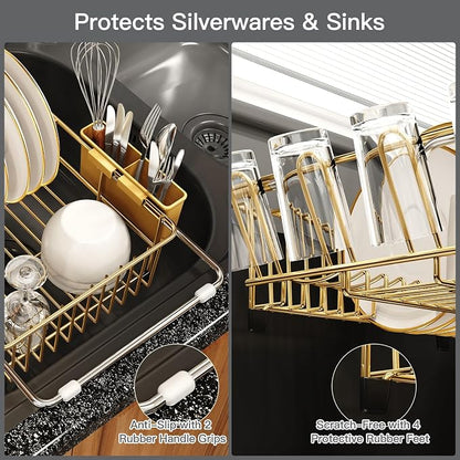 MAJALiS Gold Dish Drying Rack Over Sink with Utensil Holder, Drainboard | Expandable Stainless Steel Dish Drainer for Small Kitchen, Apartment, RV, Counter Space Saving, Perfect Fit, Rustproof
