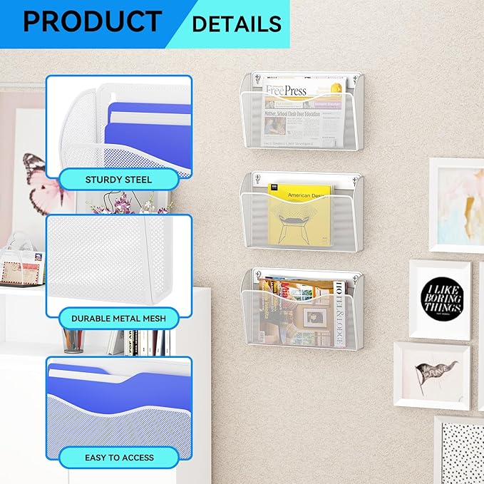 Single Pocket Wall File Holder, Mesh Hanging File Folder Paper Organizer, Vertical Wall Mounted Mail Basket, Storage Organization Magazine Rack for Office, Home and School, White