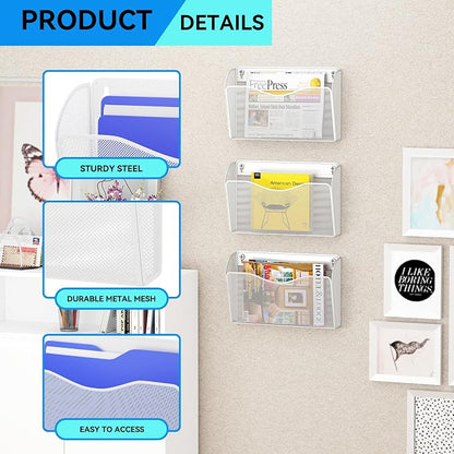 3 Single Pocket Wall File Holder, Mesh Hanging File Folder Paper Organizer, Vertical Wall Mounted Mail Basket, Storage Organization Magazine Rack for Office, Home and School, White
