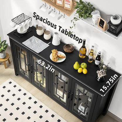 Large Sideboard Buffet Cabinet with Storage, 63" Black Farmhouse Kitchen Coffee Wine Bar Cabinet with 4 Glass Doors, Mid Century Modern Wooden Side Board Table for Dining Room, Living Room