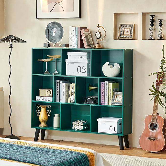 LEYAOYAO 10 Cube Bookshelf,3 Tier Modern Wide Bookcase with Legs,Mid-Century Wood Bookshelves Storage，Dark Green Large Book Case,Freestanding Organizer Display Shelf for Bedroom,Living Room,Office