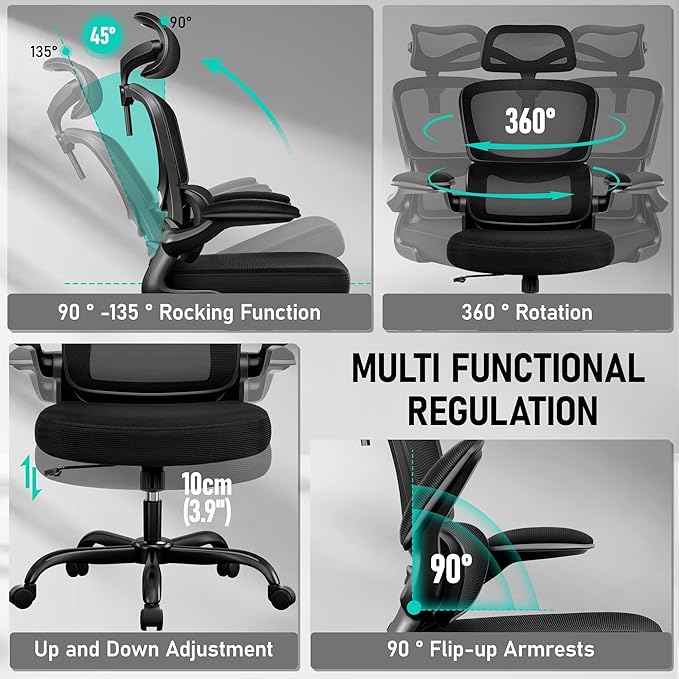 High Back Ergonomic Office Chair, Breathable Mesh Desk Chair with Lumbar Support, Adjustable Headrest, Flip-up Armrests, Computer Gaming Chair, (Black, 4Pack)