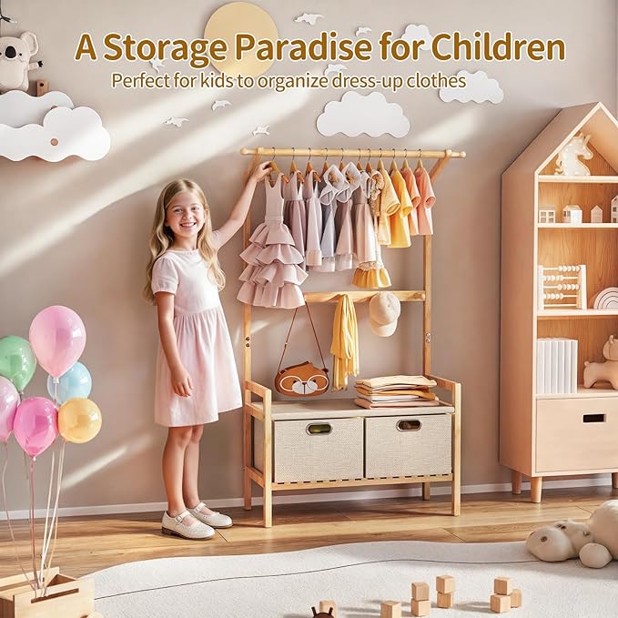 Luxspire Kids Clothing Rack, Bamboo Kids Dress up Rack with 1 Hanging Rod, 5 Hanging Hooks & 2 Fabric Drawers, Toddler Dress up Storage for Bedroom, Playroom, Nursery, Laundry, Burlywood