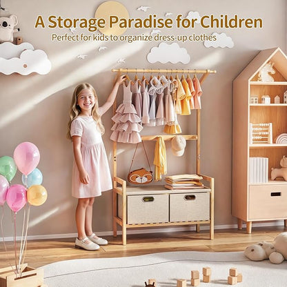 Luxspire Kids Clothing Rack, Bamboo Kids Dress up Rack with 1 Hanging Rod, 5 Hanging Hooks & 2 Fabric Drawers, Toddler Dress up Storage for Bedroom, Playroom, Nursery, Laundry, Burlywood