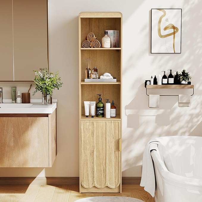 ORRD Narrow Tall Bathroom Storage Cabinet, Freestanding Storage Cabinet with Open Storage Compartments and Adjustable Shelf for Small Space, Bathroom, Living Room, Kitchen, (Natural)
