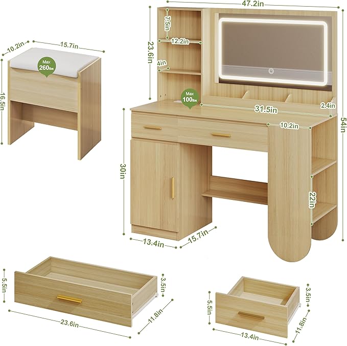 GOODONE 47'' Wood Vanity Desk with Mirror and Lights, Makeup Girls Vanity Set with 2 Drawers, 2 Storage Shelves & 1 Cabinet, Power Outlet, Stool, Dressing Table for Bedroom, Nature