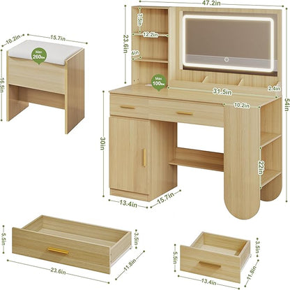 GOODONE 47'' Wood Vanity Desk with Mirror and Lights, Makeup Girls Vanity Set with 2 Drawers, 2 Storage Shelves & 1 Cabinet, Power Outlet, Stool, Dressing Table for Bedroom, Nature