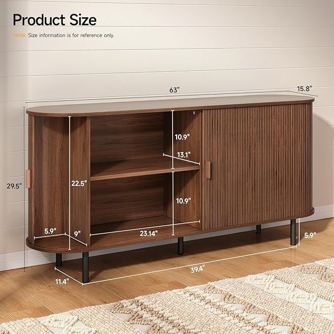 ONBRILL 63" Sideboard Buffet Cabinet with Storage, Storage Cabinet with Sliding Door & Adjustable Shelf, Modern Accent Coffee Bar Console Table for Kitchen, Entryway, Walnut