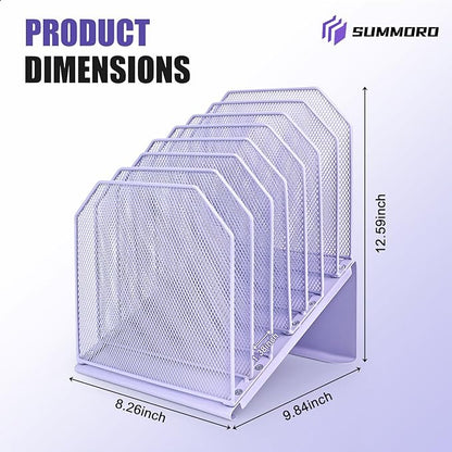 SUMMORO Inclined File Organizer for Desk, 7-Tier Vertical File Folder Holder Office Desk Organizer Metal Rack File Wire Mesh Desktop Document Sorter for Office School Classroom Home (Purple)