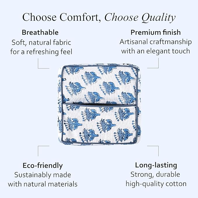 CPC Apatite Blue Hand Block Printed Cotton Tissue Box Cover 5" x 5" x 5.5" Square Soft Reusable Boho Napkin Holder for Home Kitchen Dining Bathroom Office Cafe Spa Summer Thanksgiving