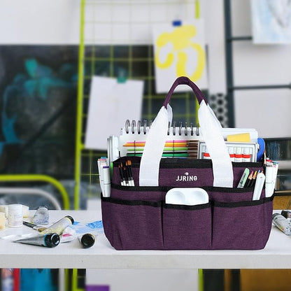 JJRING Craft Organizer Tote Bag, Art Storage Caddy with Multiple Pockets, Deep Purple Sewing Bag for Art, Craft, Scrapbooking, Medical, and Office Supplies Storage