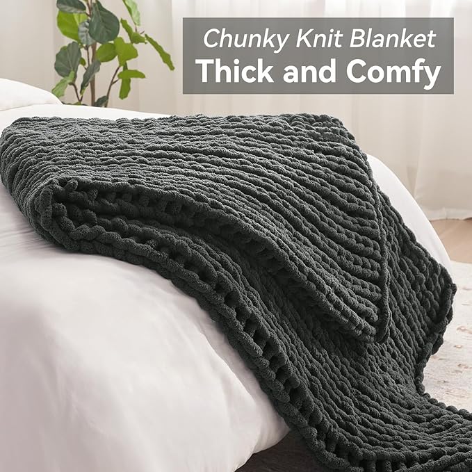 Negwoo Chunky Knit Throw Blanket, 80''*90'' Knitted Throw Chenille Yarn for Bed Couch, Handmade Dark Grey Crochet Big Thick Blanket, Machine Washable Cute Comfy Blanket for Home Decor
