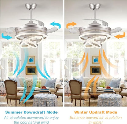 42" Modern Retractable Ceiling Fan with Lights, Fandelier Ceiling Fan with LED Light and Remote&App Control, 6 Speed Reversible 3CCT Chandelier Fan for Bedroom Living Room Dining Room Silver