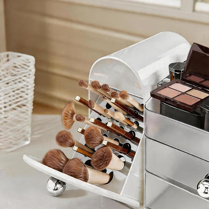 Makeup Organizer with Makeup Brush Holder, Cosmetic Organizer with 2 Drawer for Lipsticks, Perfumes, Eyeshadow Palettes and Nail Polishes (White)