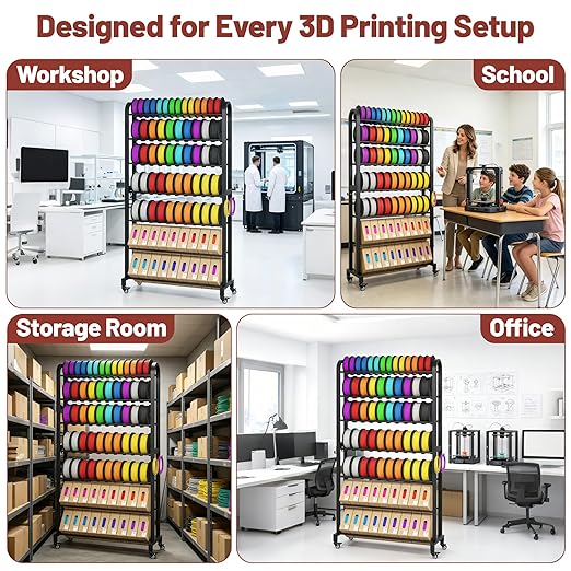 7-Tier 3D Printer Filament Storage Rack with Wheels, Heavy Duty Adjustable Metal Shelf Holds 80 Spools, Tall Mobile Filament Organizer with Hooks for 3D Printing Business & Workshop