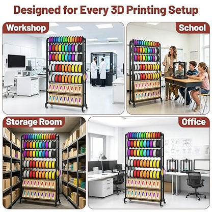 7-Tier 3D Printer Filament Storage Rack with Wheels, Heavy Duty Adjustable Metal Shelf Holds 80 Spools, Tall Mobile Filament Organizer with Hooks for 3D Printing Business & Workshop