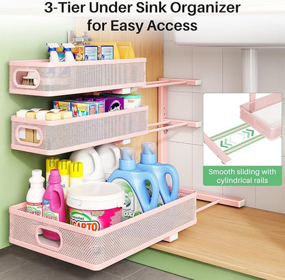 Kitstorack Under Sink Organizer, 2-Pack 3-Tier Height Adjustable Thickened Metal Pull out Cabinet Organizer Shelf, Slide out Storage Drawer Rack for Bathroom Kitchen Pantry Home Organization, Pink