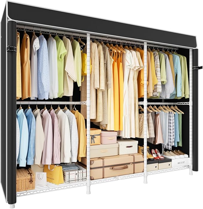 E14C Heavy Duty Closet Organizer System，Freestanding Clothing Racks for Hanging Clothes，Adjustable Garment Rack 70.1" W × 16.6" D × 76.4" H Hold 960 lbs，White Rack with Black Dustproof Cover