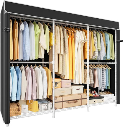 E14C Heavy Duty Closet Organizer System，Freestanding Clothing Racks for Hanging Clothes，Adjustable Garment Rack 70.1" W × 16.6" D × 76.4" H Hold 960 lbs，White Rack with Black Dustproof Cover