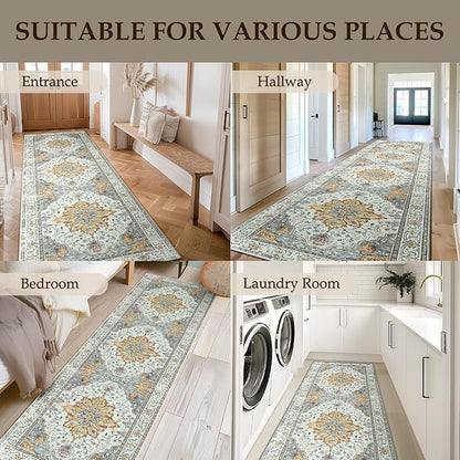 RELEANY Area Rugs Runner 2'x10' Washable Non-Slip, Floral Vintage Distress Medallion Carpet for Kitchen Hallway Bedroom Beside Laundry Room Bathroom, Beige Carbon Grey Orange