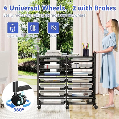 Simple Trending 15-Tier Rolling File Cart, Desk File Organizer with 14 Mesh Sliding Trays, Letter & Legal Paper Storage Rolling Utility Cart for Office Home School, Black